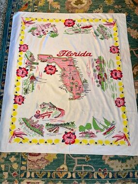 Vtg 50s FLORIDA State Tablecloth Souvenir Cities Novelty Print Vacation 51x63